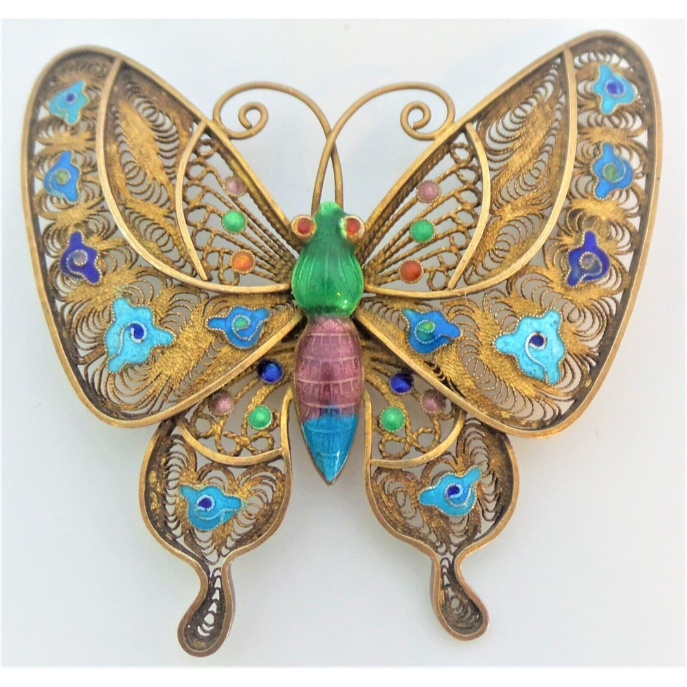 Vintage Sterling Silver China Gold Tone Enamel Butterfly Pin Brooch